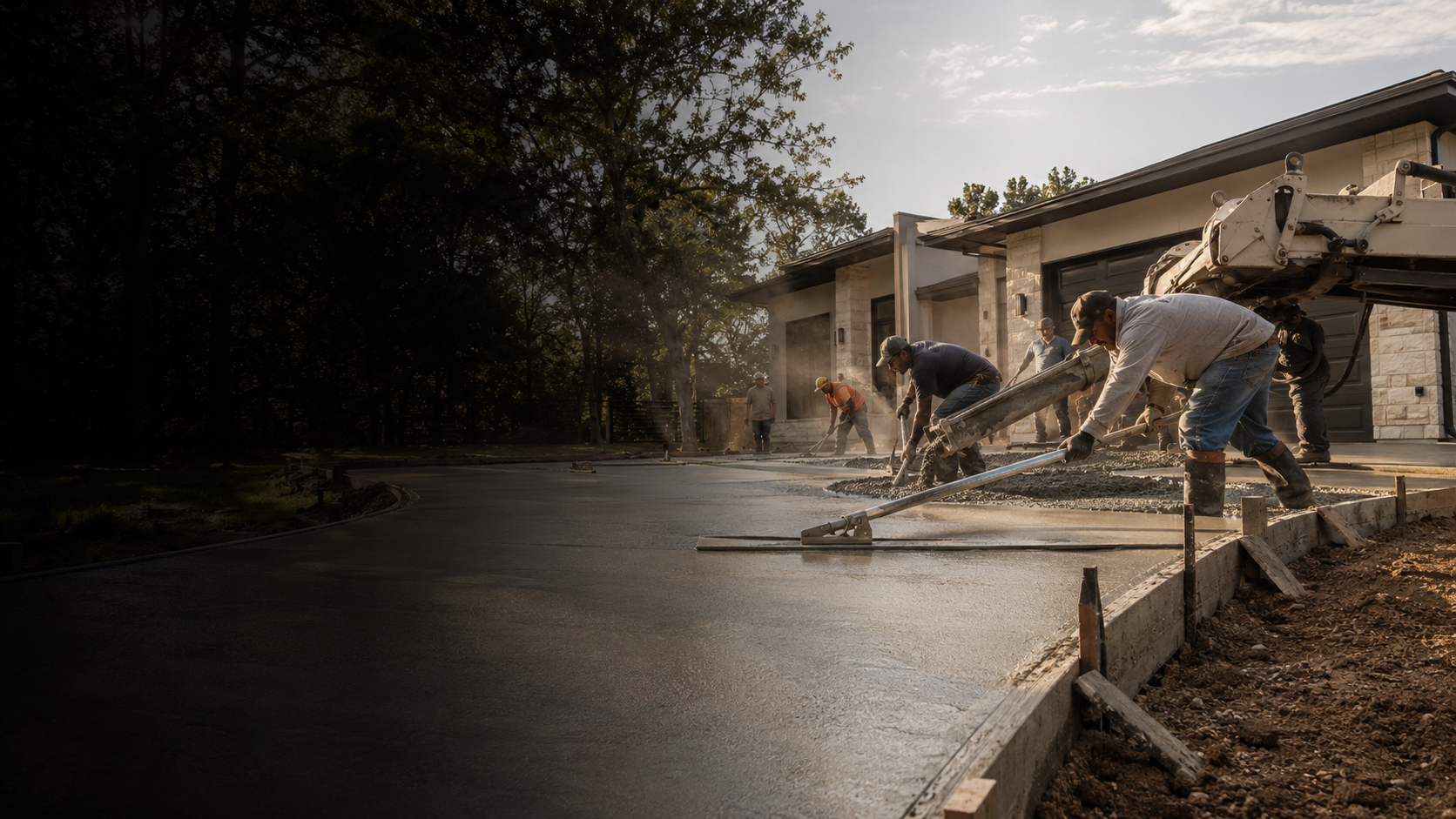 Concrete crew completing a driveway pour