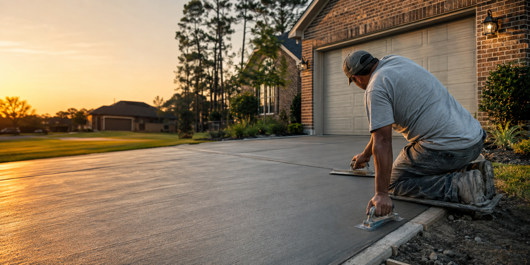 A Rico's crew member hand-finishing a freshly poured concrete driveway at golden hour in front of a brick Houston-area home